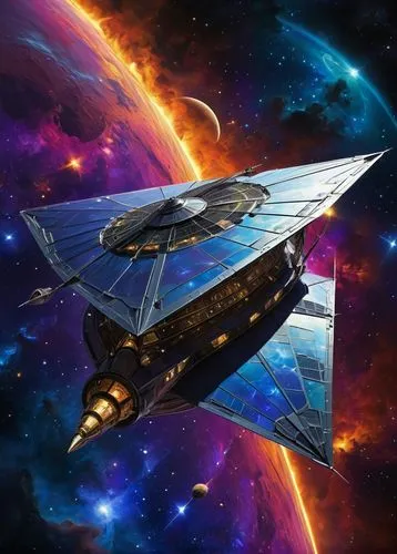 suspended in space, floating in space,  Metallic Braque ship, futuristic metal hull, with three or more masts and fore mast, mainmast and additional masts rigged square and only the aftmost mast rigge