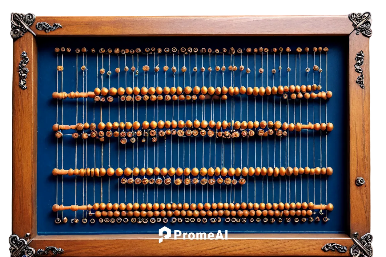 Abacus, ancient calculator, wooden frame, beads on wires, intricate carvings, ornate details, shiny surface, warm lighting, shallow depth of field, 3/4 composition, close-up shot, nostalgic atmosphere