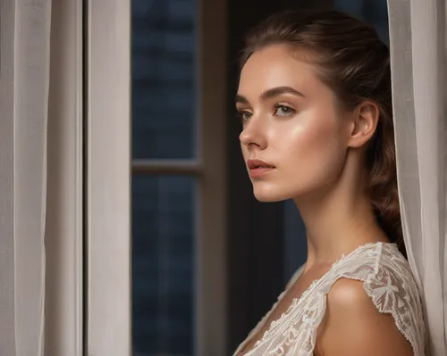 window curtain,romantic look,elegant,window covering,female model,romantic portrait,portrait photography,window film,window sill,bridal clothing,girl in white dress,windowsill,portrait photographers,white silk,bridal jewelry,young woman,half profile,retouching,model beauty,window view,Photography,General,Natural