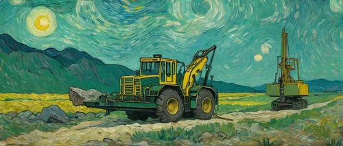 yellow machinery,excavator,construction vehicle,construction machine,tractor,combine harvester,bulldozer,heavy machinery,excavators,mining excavator,deutz,logging truck,construction equipment,farm tractor,john deere,backhoe,heavy equipment,vincent van gough,digging equipment,two-way excavator,Art,Artistic Painting,Artistic Painting 03