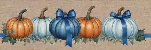 three pumpkins with ribbons are lined up on the edge of the image,decorative pumpkins,striped pumpkins,decorative squashes,calabazas,calabashes,ornamental gourds