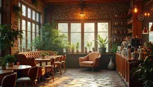 Cozy coffee shop, regionalism style, vintage wooden decor, warm yellow lighting, rustic brick walls, antique furniture, ornate ceramic vases, lush green plants, natural stone flooring, comfortable plu