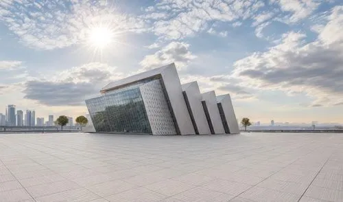 with city in the background 
keep the same color of the building,public building view from ground,difc,soumaya museum,mubadala,qatar,esteqlal,doha,dhabi,damac,futuristic art museum,qasr al watan,skysc