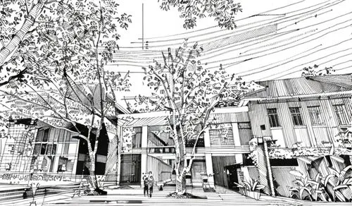 mono-line line art,wireframe,wireframe graphics,townscape,play street,mono line art,street view,neighborhood,street scene,comic style,bukchon,panoramical,urban landscape,powerlines,tsukemono,street pl