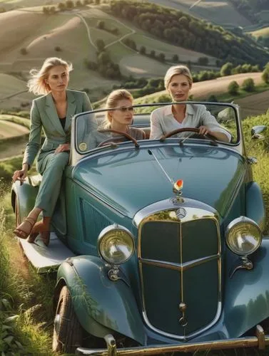 The picture shows two women sitting in a green car driving through a picturesque, hilly landscape. The landscape is lush green with rolling hills, trees and fields in the background. The car is in the