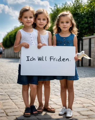 a little boy and a little girl holding up a sign that says "ICH WILL FRIEDEN" a white dove sits on the sign, (hyperrealism:1.2), (photorealistic:1.2), shot with Canon EOS 5D Mark IV, detailed face, de