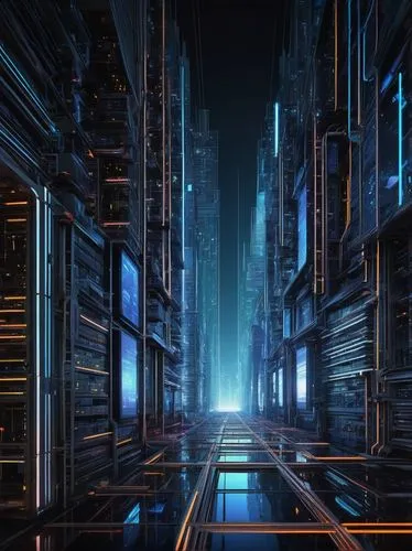 Distributed system, futuristic cityscape, sleek skyscrapers, neon lights reflecting off glassy surfaces, complex network of wires and circuits, servers, mainframes, routers, switches, modular componen