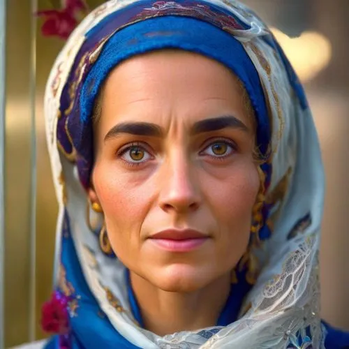 the head of a woman wearing a blue and white scarf with red flowered decorations,kaur,dahaneh,tugrul,maharani,farnawani,chamkaur