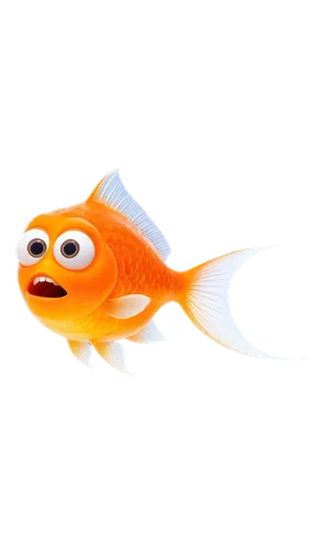 Scared fish, orange body, white belly, large eyes, open mouth, sharp teeth, fins up, swimming upwards, water ripple effect, shiny scales, translucent fins, 3/4 composition, soft lighting, warm color t