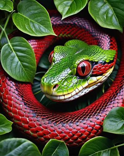 liophis,green python,vipera,nonvenomous,pitviper,lampropeltis,green tree snake,reticulatus,pantherophis,powelliphanta,morelia viridis,red tailed boa,african house snake,green snake,green mamba,boomslang,venomous snake,redbelly,keelback,garter snake,Illustration,Realistic Fantasy,Realistic Fantasy 10