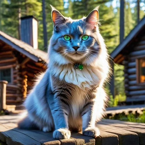 a sleek blue fire cat with piercing green eyes gazes up at the sky, its paws perfectly balance against the sleek surface. The cat's fur shimmers in the sunlight, and its fur shimmers with every color 