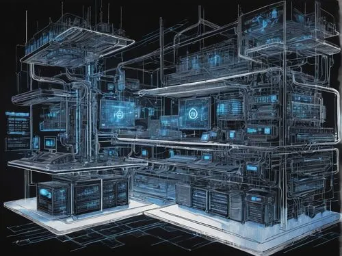 cybertown,blueprints,the server room,cybercity,computer art,mainframes,datacenter,wireframe,blueprint,schematics,cyberspace,data center,cybernet,eniac,voxel,fractal environment,cyberport,arcology,systemhouse,circuitry,Illustration,Paper based,Paper Based 30