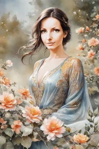 girl in flowers,flower painting,splendor of flowers,beautiful girl with flowers,noblewoman,duchesse,Digital Art,Watercolor