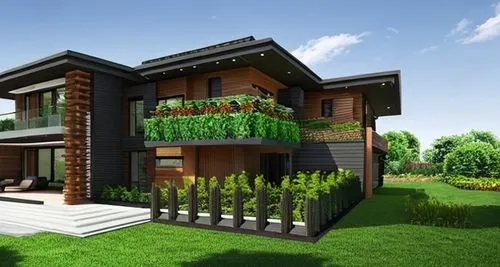 Generate a captivating image of a modern house with dark wooden walls and a stunning high-tech garden immersed in nature.,build by mirza golam pir,modern house,3d rendering,eco-construction,wooden hou