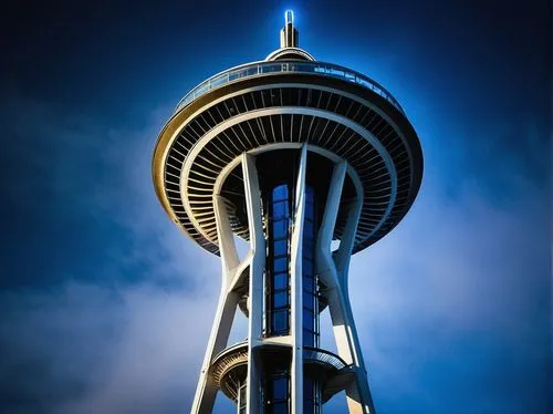 Futuristic space needle architecture, sleek silver metal structure, towering high into the sky, sharp pointed tip, intricate details, glowing blue neon lights, atmospheric mist surrounding base, dista