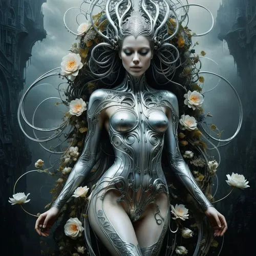 {floating lovely ethereal figure with swirly ribbons, ethereal flowers filigree and herbs} fantastic cyborg woman perfect composition, silver tones, by Da Vinci, Kelogloops, Agnes Cecile, Hannah Yata.