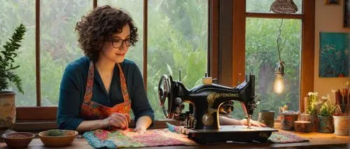 Cozy arts & crafts room, mature lady, 30yo, short curly brown hair, warm smile, reading glasses, casual wear, apron, messy desk, various art supplies, colorful fabrics, vintage sewing machine, wooden 