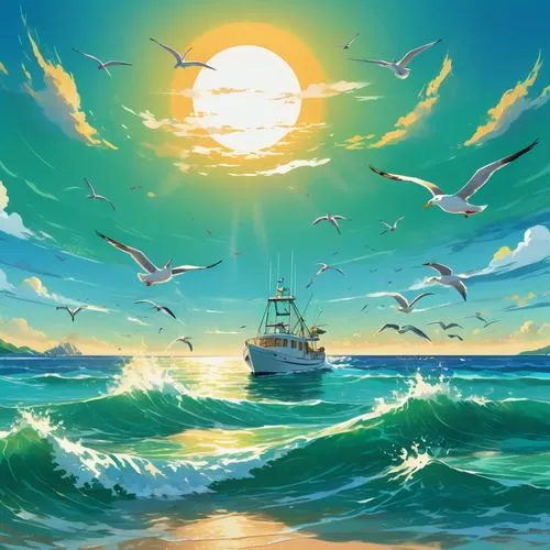 birds of the sea,sea birds,ocean background,sea fantasy,migratory birds,fishing boat,seagulls,flying sea gulls,sea sailing ship,sun and sea,open sea,sea bird,sea gulls,at sea,crested terns,bird migration,dolphin background,seagulls flock,seafaring,sea swallow,Illustration,Japanese style,Japanese Style 03