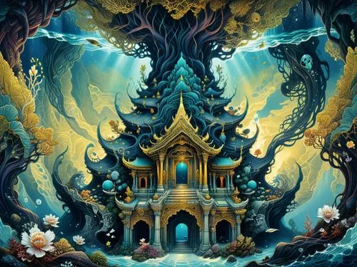 amazing fractal,artwork depicting a temple surrounded by underwater plants,fantasy art,fairy world,alfheim,enchanted forest,fantasy picture,legendarium,fairy tale castle,fractal environment,kingdoms,f