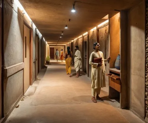 people dressed in yellow are walking down the hallway,sabyasachi,corridor,hallway,khadi,amanresorts,corridors,Photography,General,Realistic