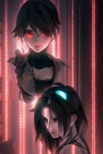 Noir cyberpunk high-tech
,cyber,the long-hair cutter,duet,underworld,vanitas,angel and devil,reizei,persona,cg artwork,boy and girl,cybernetics,red eyes,dark-type,cyberspace,dance club,father-son,prot