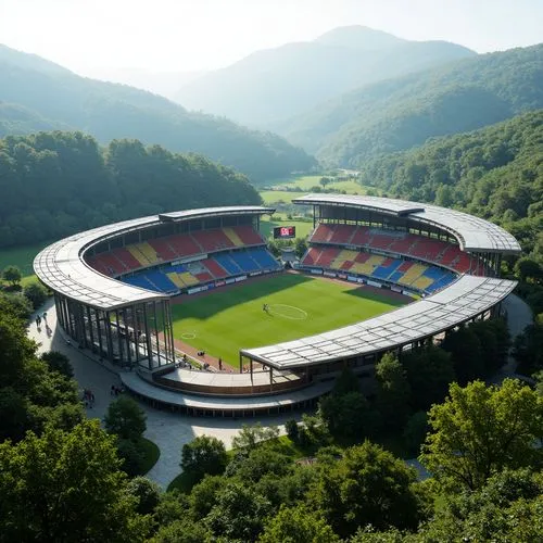 Panoramic stadium views, lush green surroundings, rolling hills, natural stone seating areas, integrated landscape architecture, futuristic sports facilities, sleek metal structures, cantilevered roof