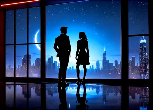 couple silhouette,vintage couple silhouette,silhouette art,night scene,romantic scene,cityscape,polara,romantic night,romantic meeting,nightstalkers,retro background,sci fiction illustration,city lights,synth,rendezvous,two people,futurepop,coruscant,moonwalked,silhouette,Conceptual Art,Fantasy,Fantasy 02