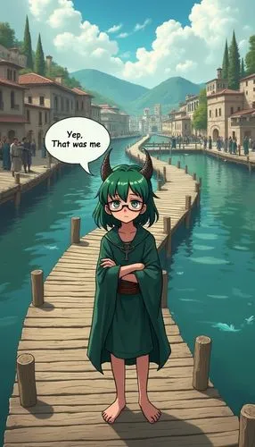 Draw in anime style: a long curved wooden dock that curves into the distance with a byzantine city in the background. the people in the background are wearing Byzantine clothing. A nerdy, glasses-wear