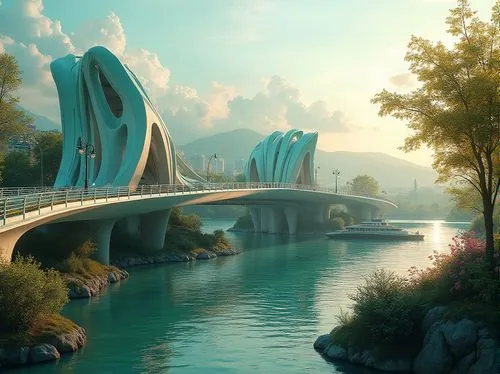 futuristic landscape,futuristic architecture,dragon bridge,scenic bridge,rainbow bridge,bridge,riverworld,bridges,angel bridge,skybridge,adventure bridge,fantasy landscape,puentes,colorado riverway bridge,centerbridge,pont,highway bridge,riverlands,oxenbridge,rivendell,Photography,General,Realistic