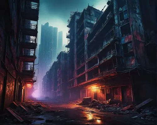 destroyed city,shadowrun,post-apocalyptic landscape,post apocalyptic,cyberpunk,black city,kowloon city,alleyway,postapocalyptic,darktown,apocalyptic,dystopian,undercity,cityscape,cybertown,arkham,world digital painting,dystopia,scampia,dystopias,Illustration,Realistic Fantasy,Realistic Fantasy 26