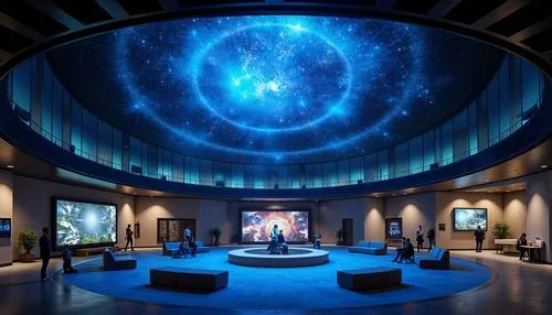 \Cosmic planetarium, dark blue dome, starry night sky, circular seating, futuristic architecture, sleek metal accents, LED light installations, ambient glow, soft blue hues, subtle gradient effects, d