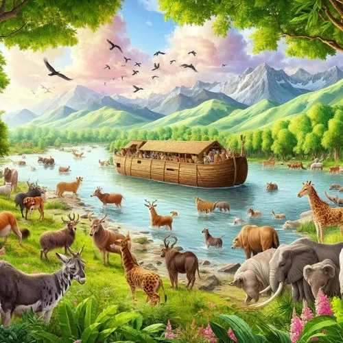 noah's ark,fantasy landscape,landscape background,children's background,cartoon video game background,fantasy picture,animal migration,boat landscape,bird kingdom,world digital painting,picnic boat,animal world,an island far away landscape,animals hunting,unicorn background,fantasy world,forest animals,tropical animals,farm animals,the ark