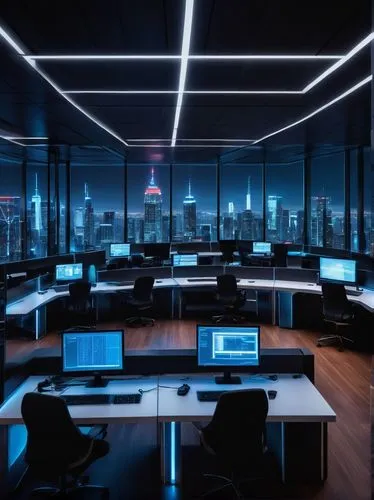 Modern security operations center, futuristic interior design, sleek lines, minimalist decor, rows of computer terminals, multiple screens displaying real-time data, team of skilled analysts, diverse 