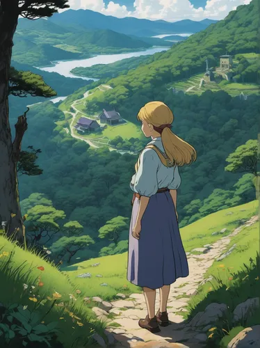 studio ghibli,violet evergarden,darjeeling,sound of music,heidi country,wander,idyll,overlook,summer day,world end,stroll,darjeeling tea,forget-me-not,blue mountain,gobelin,scenery,summer meadow,clover meadow,hinterland,little girl in wind,Illustration,Japanese style,Japanese Style 10