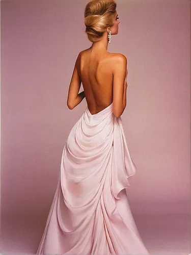 girl in a long dress from the back,drape,evening dress,strapless dress,fashion illustration,woman's backside,ball gown,girl in a long dress,chignon,model years 1960-63,femininity,dressmaker,oil painti