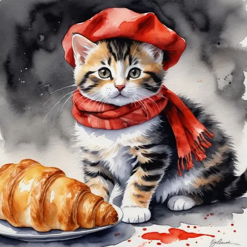 oktoberfest cats,sfogliatelle,watercolor cat,tea party cat,christmas pastry,croissant,red tabby,croissants,pain au chocolat,knead,cat european,flaky pastry,curry puff,puff pastry,blini,sausage roll,étouffée,scarf animal,chocolate croissant,strudel,Conceptual Art,Daily,Daily 13