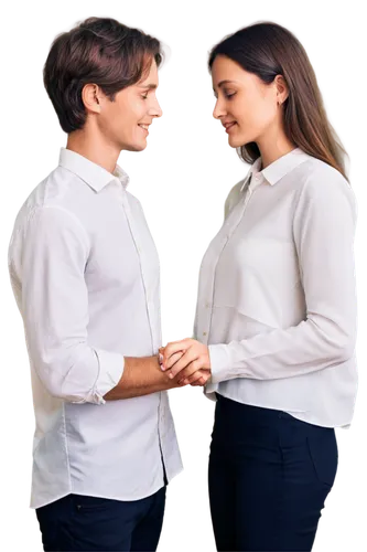 Faithful couple, holding hands, tender moment, gentle facial expression, soft smile, loving eyes, wedding rings, white shirt, black pants, simple background, warm lighting, 3/4 composition, shallow de