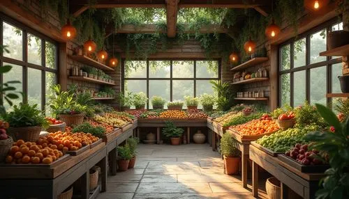 Organic produce stands, reclaimed wood accents, earthy tone color scheme, natural stone flooring, living green walls, botanical print displays, rustic metal shelving, warm ambient lighting, cozy nooks