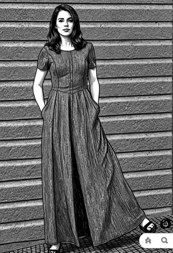 a woman wearing a dress standing on a brick floor,comic halftone woman,a floor-length dress,girl in a long dress,tairrie,long dress,refashioned,Design Sketch,Design Sketch,Black and white Comic