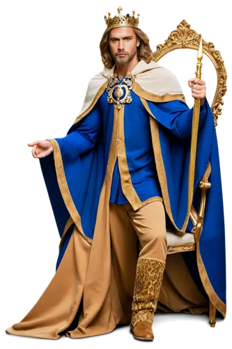 King, regal crown, majestic beard, powerful chest, royal blue cloak, golden accessories, standing, strong legs, muscular arms, holding scepter, confident facial expression, soft lighting, 3/4 composit