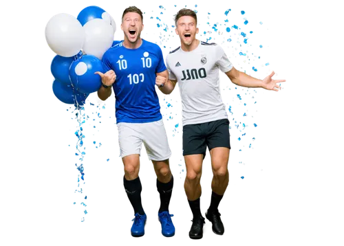 Muscular man, soccer player, celebrating New Year 2024, joyful expression, sweat droplets on face, messy short hair, bright blue eyes, sporty attire, white jersey with number 10, black shorts, shiny c