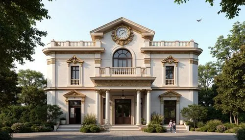 Grandiose neoclassical energy plant, ornate columns, intricately carved stonework, symmetrical fa\u00e7ade, imposing entrance, regal arches, opulent cornices, majestic clock tower, gleaming white marb