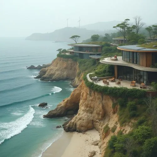 Seaside cliffside, rugged shoreline, ocean waves, driftwood structures, beachy dunes, weathered wooden decks, modern sustainable architecture, green roofs, living walls, solar panels, wind turbines, r