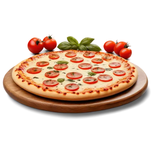 Italian-style pizza, circular shape, thin crust, golden brown, melted mozzarella cheese, fresh basil leaves, juicy red tomatoes, savory pepperoni slices, aromatic oregano sprinkles, wooden cutting boa