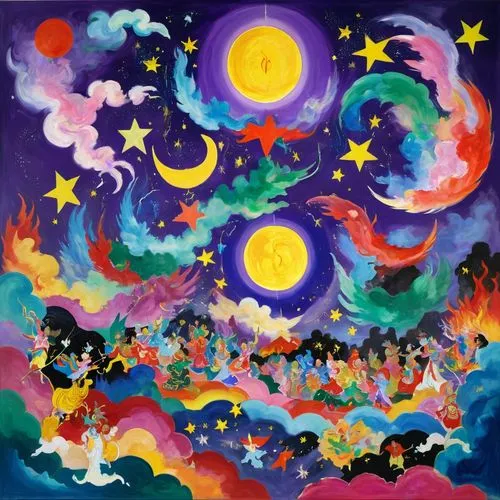 fairy galaxy,odessey,mid-autumn festival,moonbeams,colorful stars,night stars,celestial bodies,stars and moon,falling stars,celestials,dreamtime,rainbow and stars,colorful star scatters,moonlighters,chuseok,dreamscapes,dream world,moon and star background,dreamscape,the night sky,Conceptual Art,Oil color,Oil Color 20