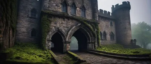 hostile architecture, medieval fortress, stone walls, battlements, towers, grand hall, stained glass windows, iron gates, drawbridge, moat, misty atmosphere, foggy morning, dramatic lighting, warm col