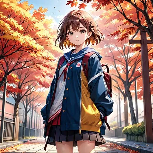 japanese style, manga, realistic,colors,autum,school,a girl with her backpack standing in front of trees,suzumiya,megumi,autumn background,japanese sakura background,sakura background,haruhi suzumiya 