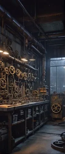 industrial workshop, mechanical tools, steel workbench, wooden cabinets, metal shelves, intricate machinery, gears, cogs, pipes, welding sparks, spotlights, metallic smell, steam punk, futuristic, hig