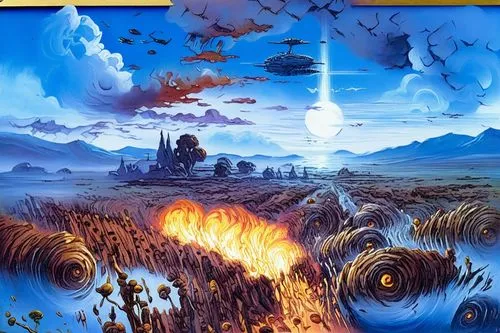 a large painting of an alien land with monsters,varsavsky,tunguska,post-apocalyptic landscape,flammarion,fantasy landscape,woodroffe,Illustration,Realistic Fantasy,Realistic Fantasy 32