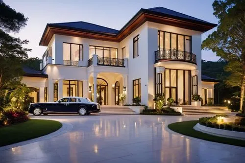 Robinson Hill architecture, modern villa, luxurious mansion, grand entrance, white marble columns, large glass windows, sloping roof, greenery surroundings, lush trees, flower beds, winding driveway, 